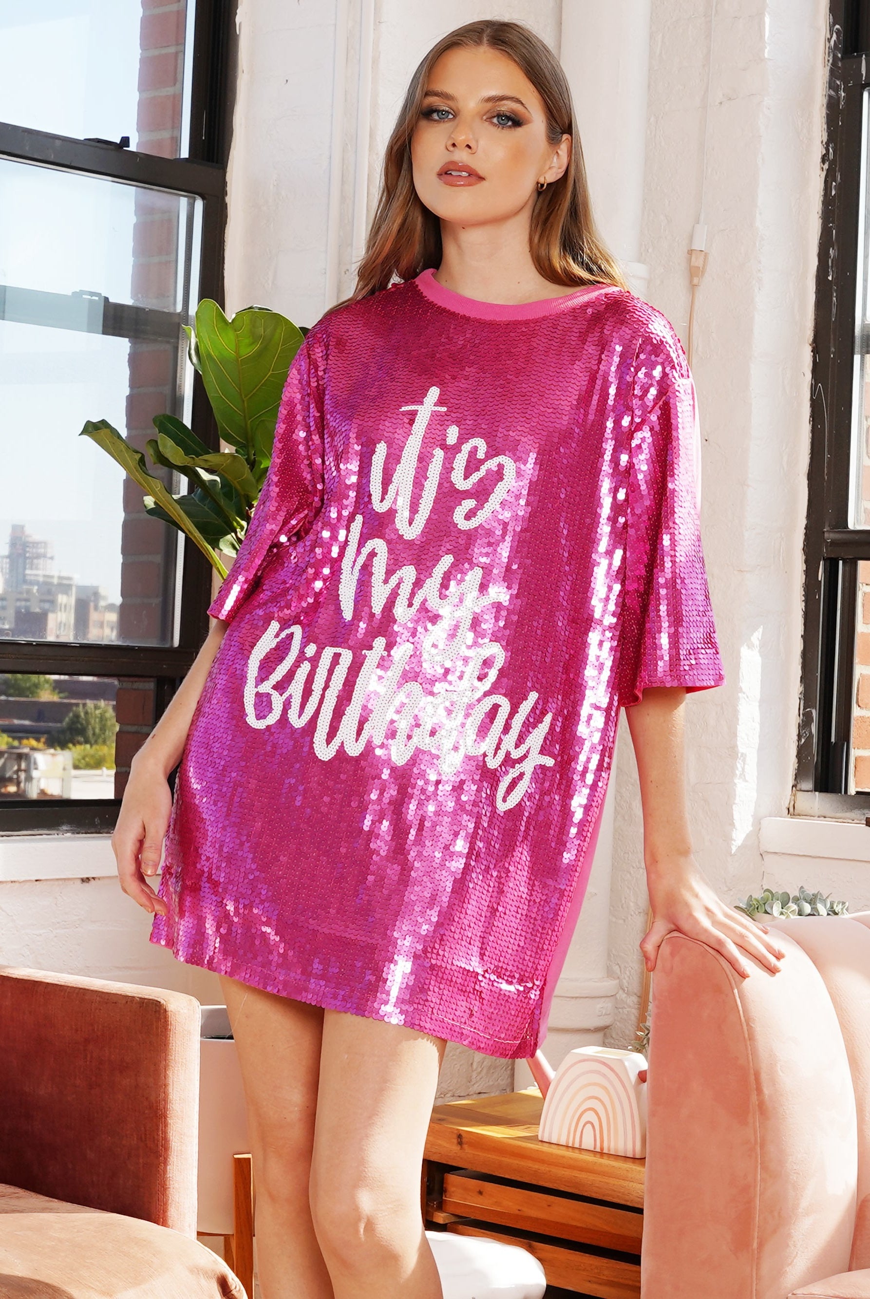 It's My Birthday sequin T-shirt party dress by RARA Boutique featuring colorful sequins and a casual fit for celebration.