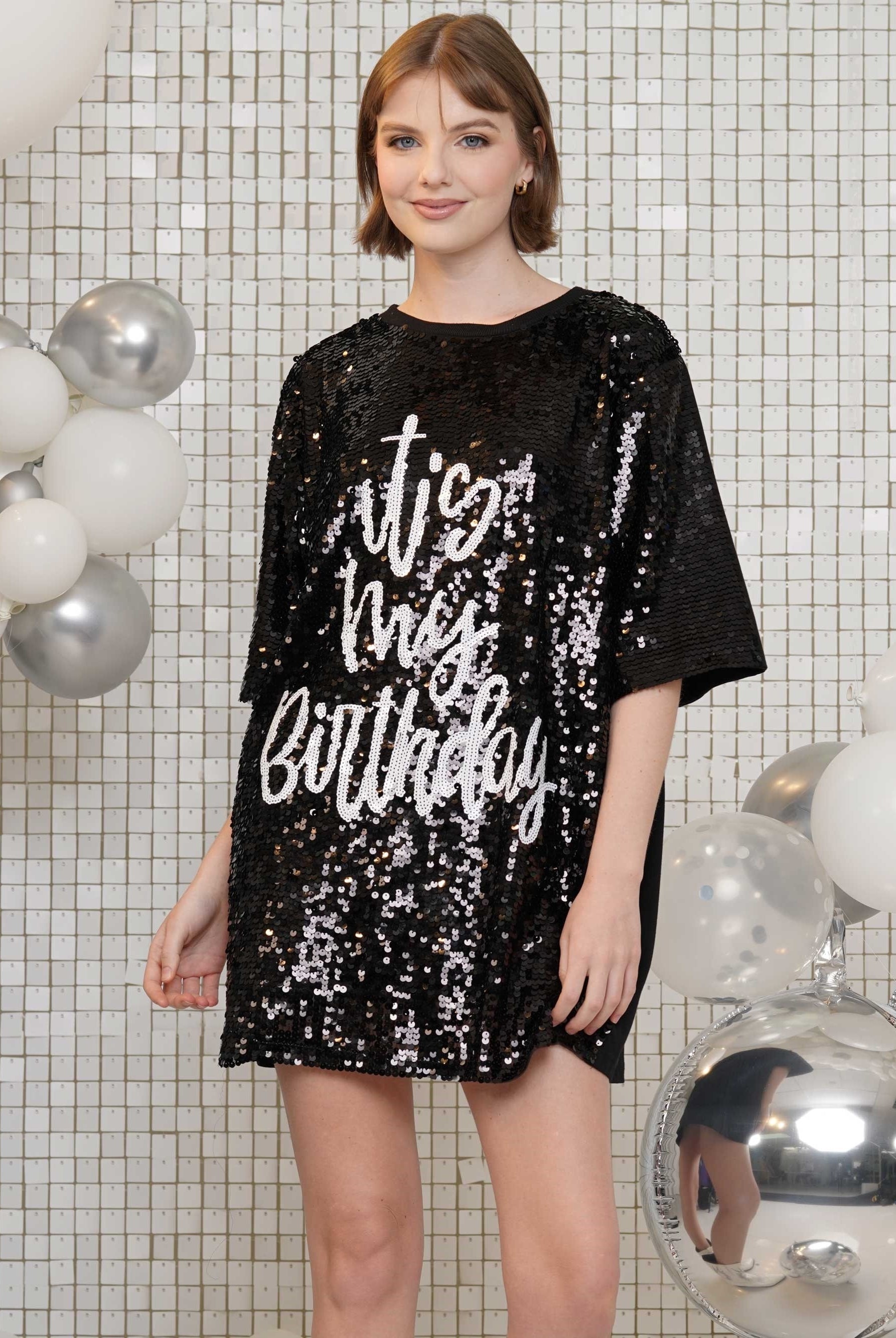 RARA Boutique It's My Birthday sequin T-shirt party dress with glittery design and casual fit for celebration occasions.