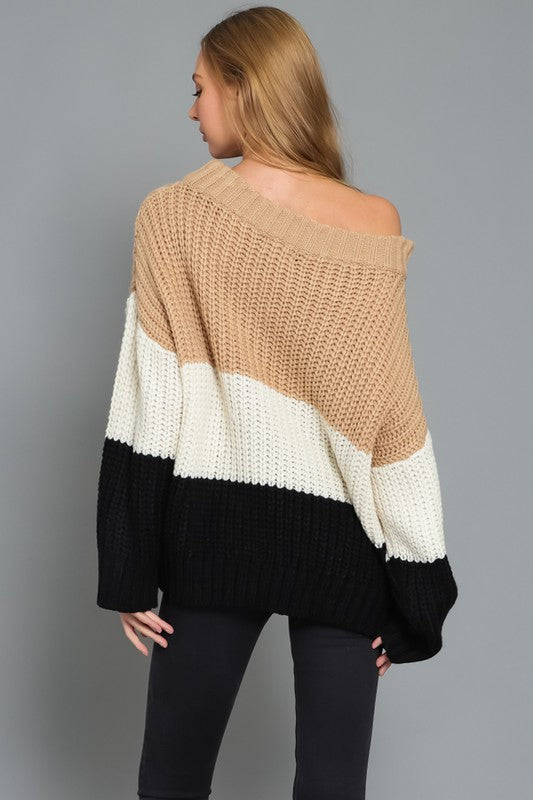 Off the Shoulder Color Block Sweater - RARA Boutique