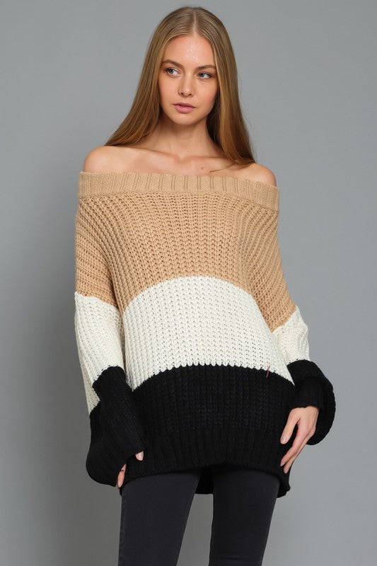 Off the Shoulder Color Block Sweater - RARA Boutique