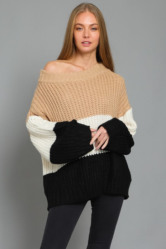 Off the Shoulder Color Block Sweater - RARA Boutique