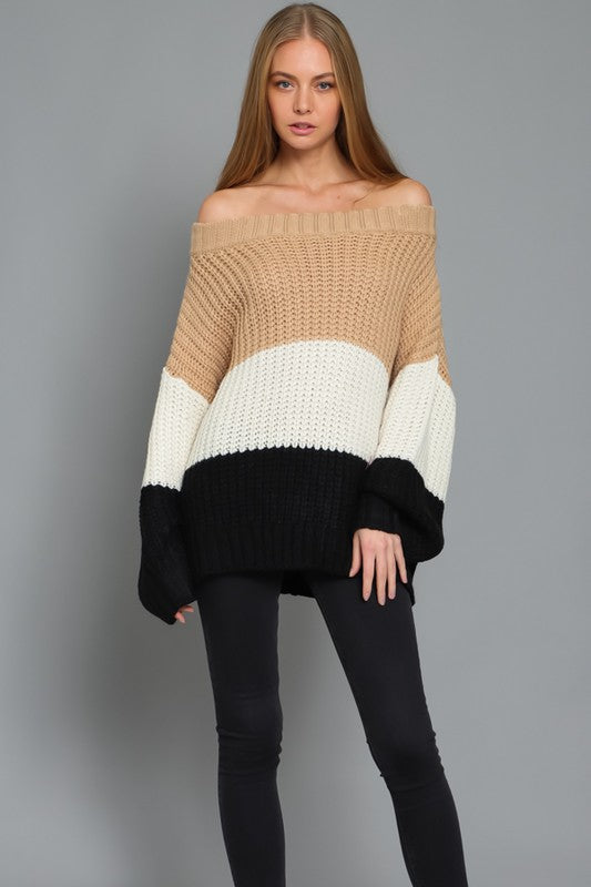 Off the Shoulder Color Block Sweater - RARA Boutique