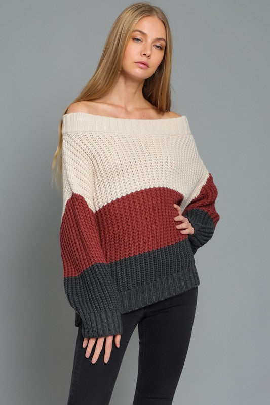 Off the Shoulder Color Block Sweater - RARA Boutique