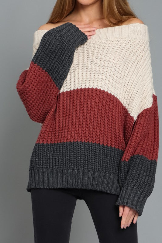 Off the Shoulder Color Block Sweater - RARA Boutique