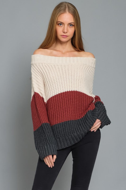 Off the Shoulder Color Block Sweater - RARA Boutique