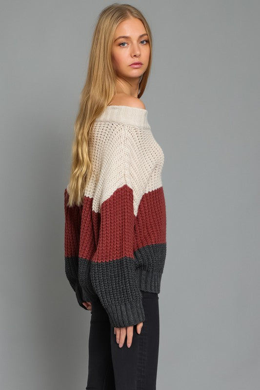 Off the Shoulder Color Block Sweater - RARA Boutique