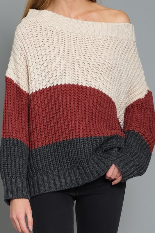Off the Shoulder Color Block Sweater - RARA Boutique