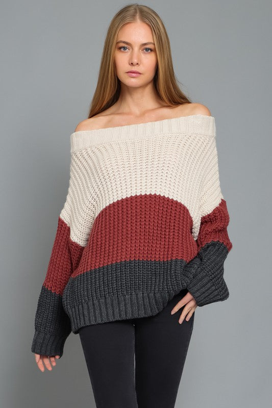 Off the Shoulder Color Block Sweater - RARA Boutique