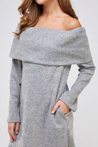 Two-Tone Off the Shoulder Knit Fold Over Sweater Dress with Pockets - RARA Boutique