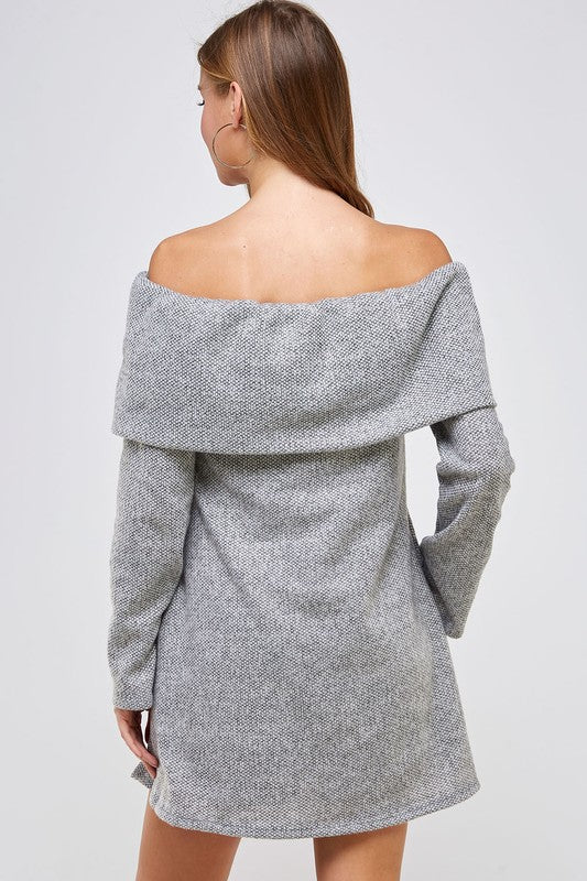 Two-Tone Off the Shoulder Knit Fold Over Sweater Dress with Pockets - RARA Boutique