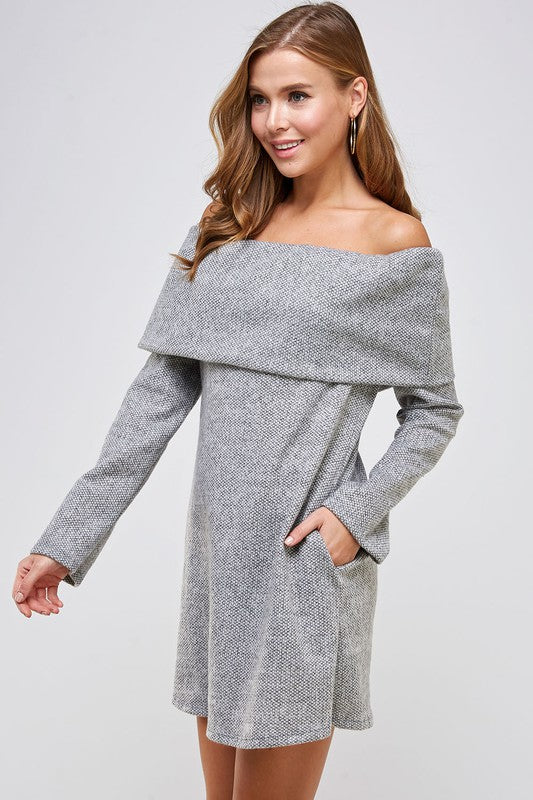 Two-Tone Off the Shoulder Knit Fold Over Sweater Dress with Pockets - RARA Boutique