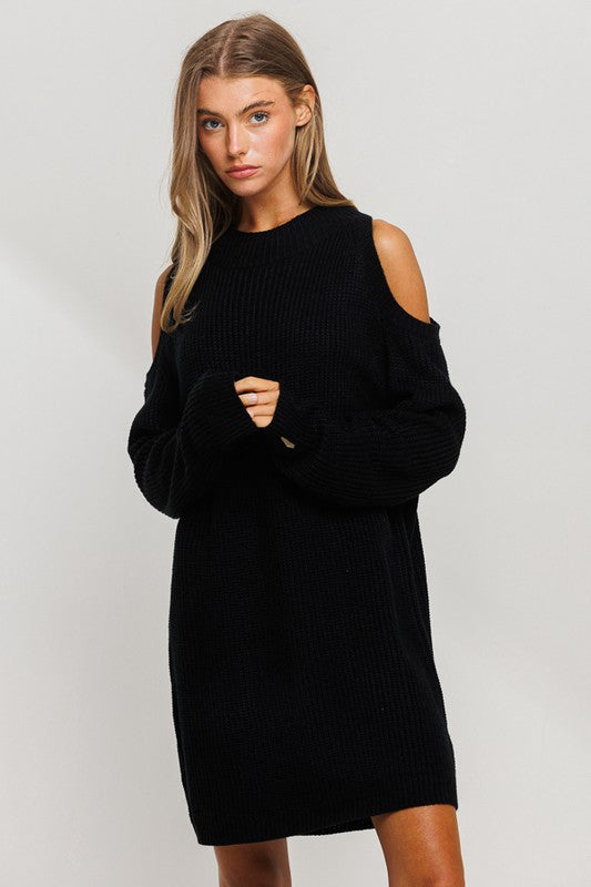 Cold Shoulder Long Sleeve Mini Sweater Dress - RARA Boutique