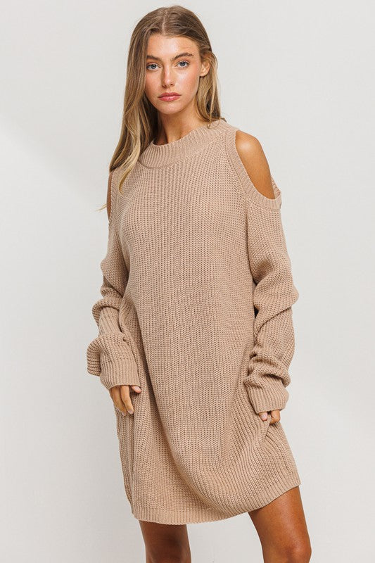 Cold Shoulder Long Sleeve Mini Sweater Dress - RARA Boutique