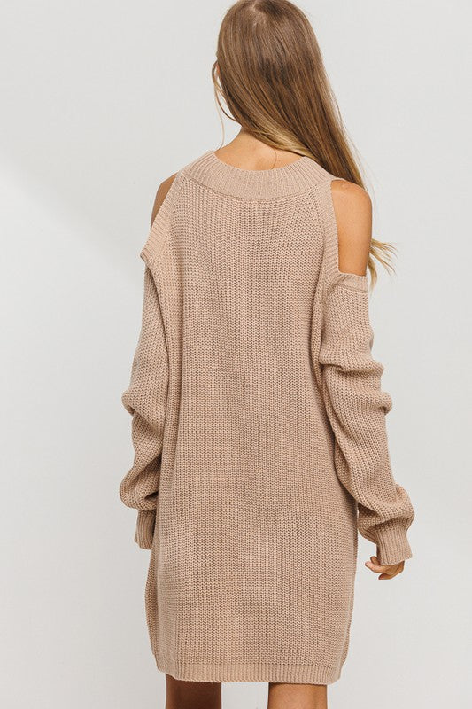 Cold Shoulder Long Sleeve Mini Sweater Dress - RARA Boutique