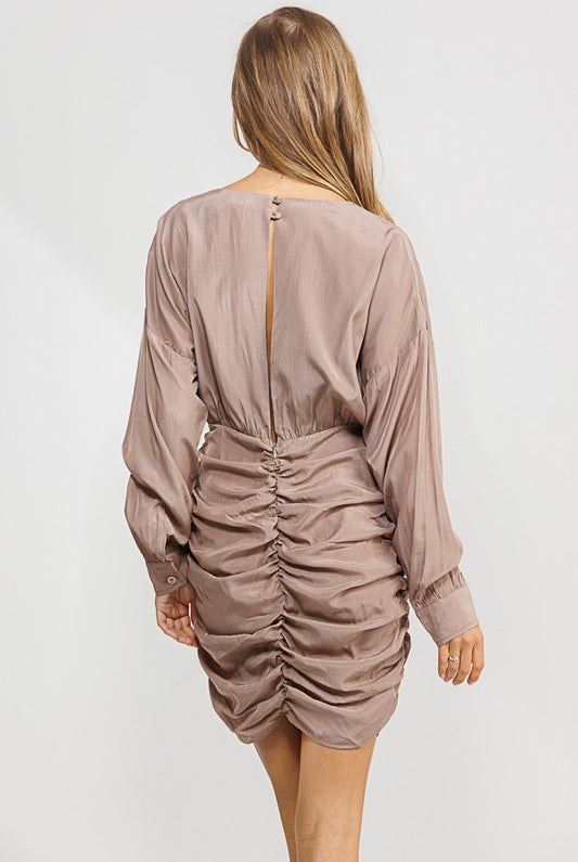 Tencel Deep V Neck Ruched Dress with Ruffle - RARA Boutique