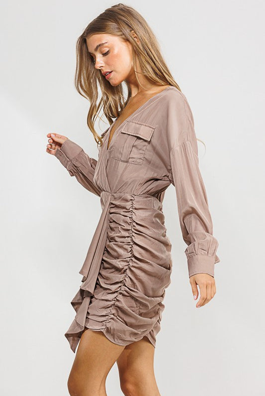 Tencel Deep V Neck Ruched Dress with Ruffle - RARA Boutique