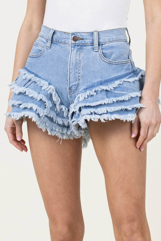 Fringe Ruffle Denim Shorts- Vibrant M.i.u - RARA Boutique