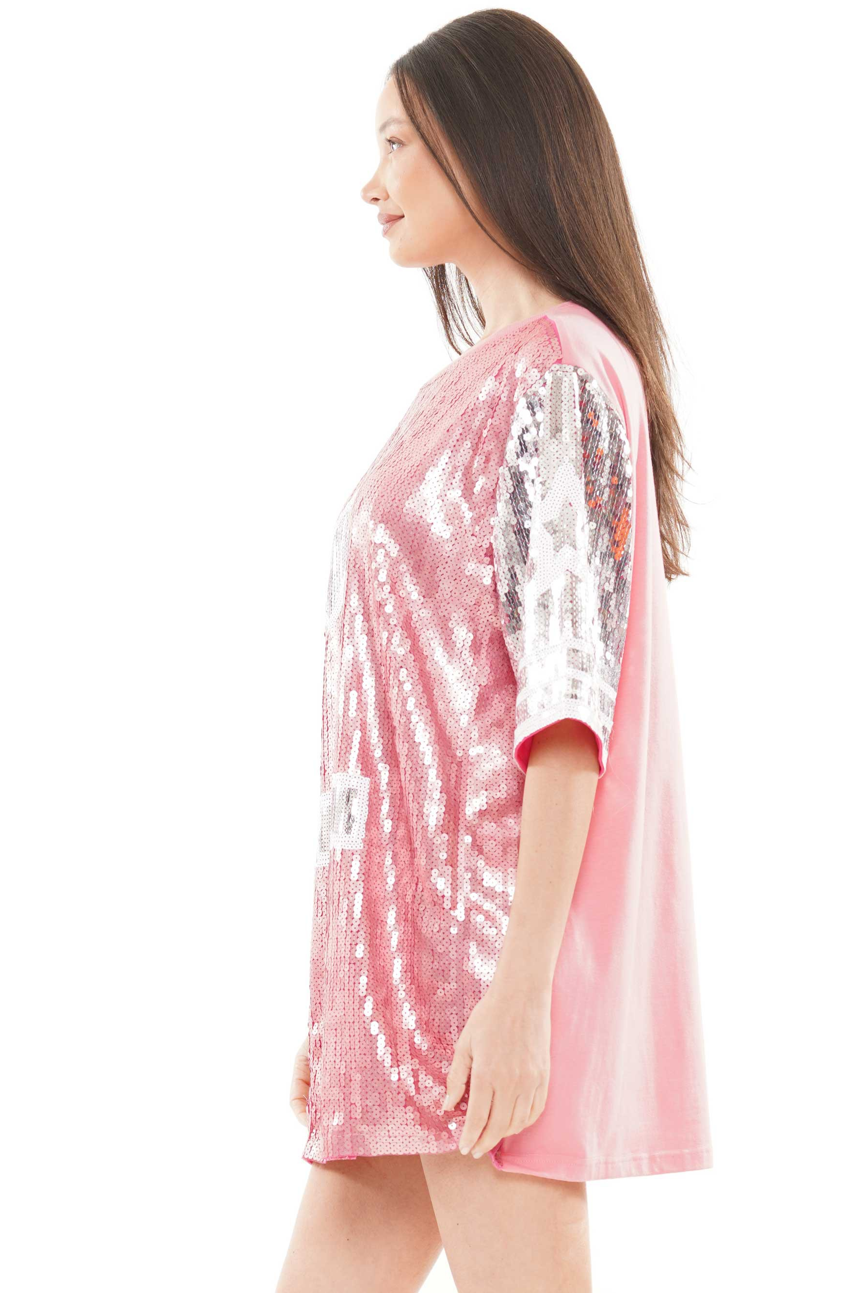 Number One Sequin Pink Jersey T-Shirt Dress - RARA Boutique