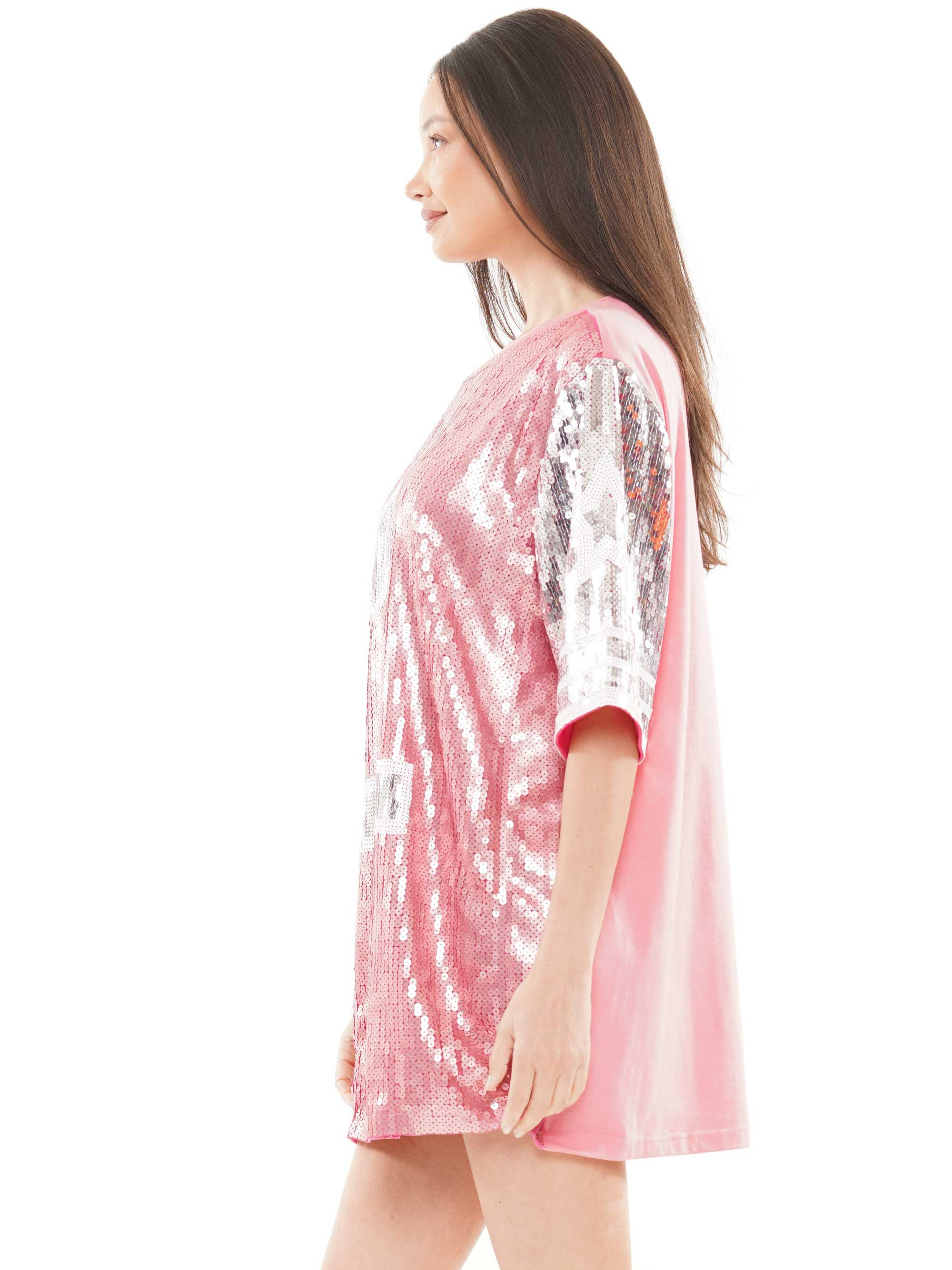 Number One Sequin Pink Jersey T-Shirt Dress - RARA Boutique
