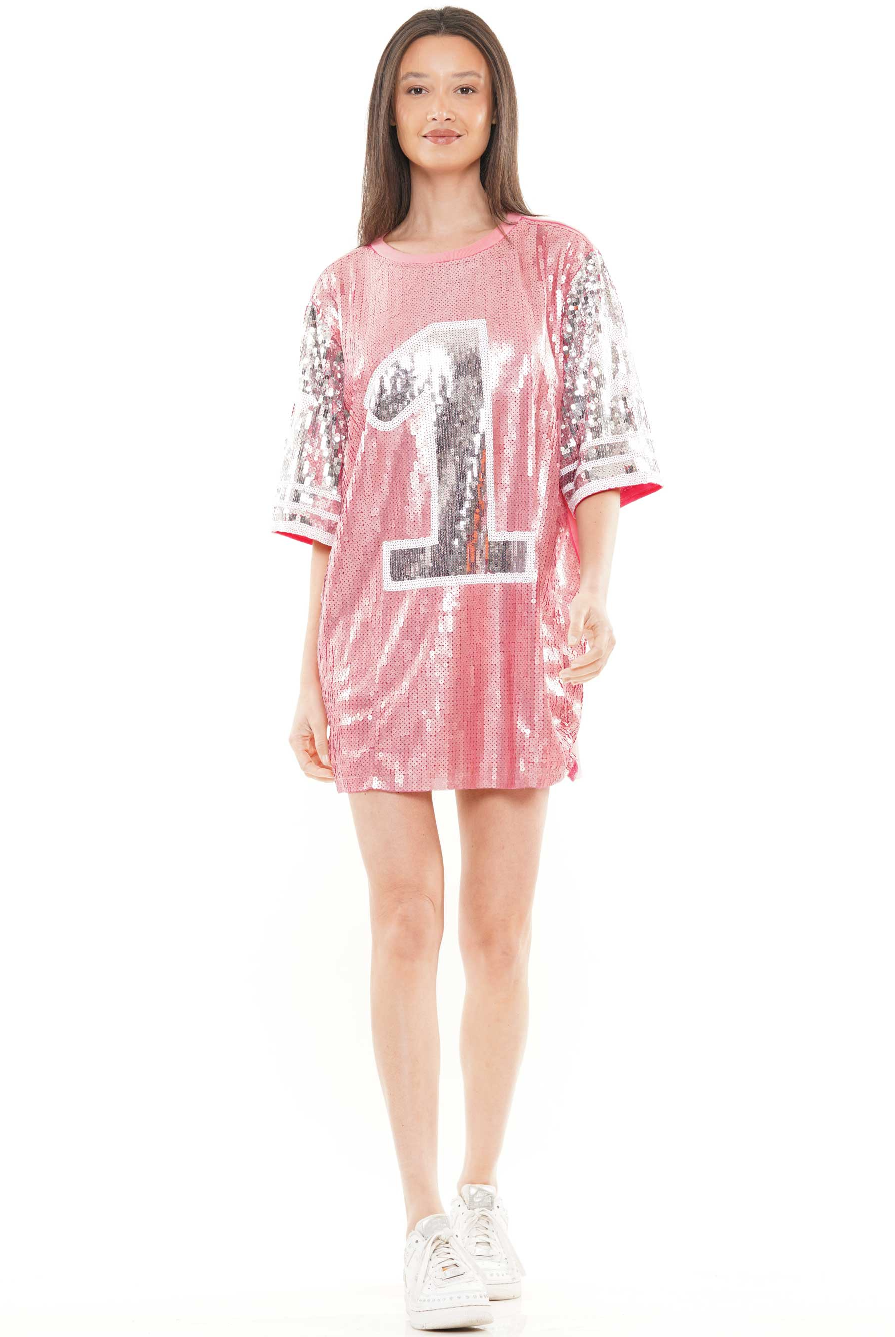 Number One Sequin Pink Jersey T-Shirt Dress - RARA Boutique