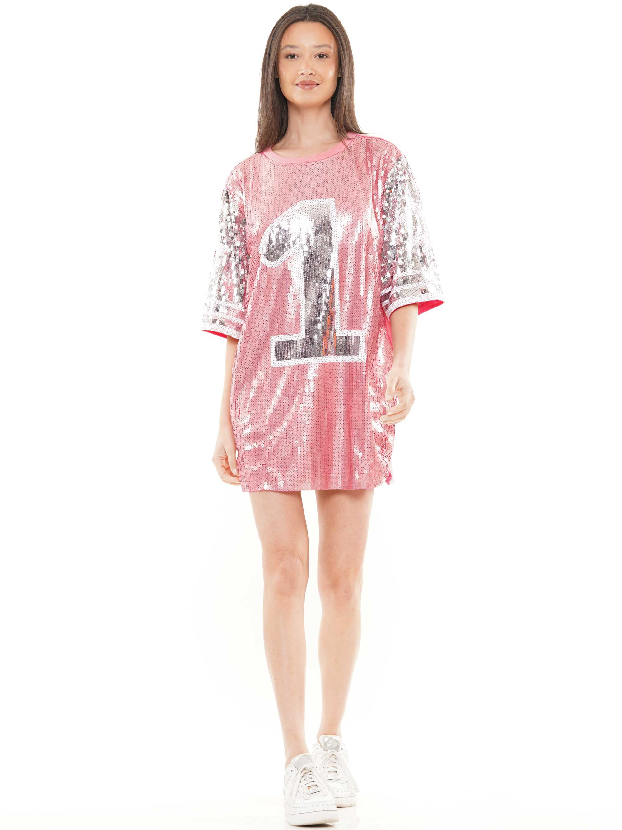 Number One Sequin Pink Jersey T-Shirt Dress - RARA Boutique