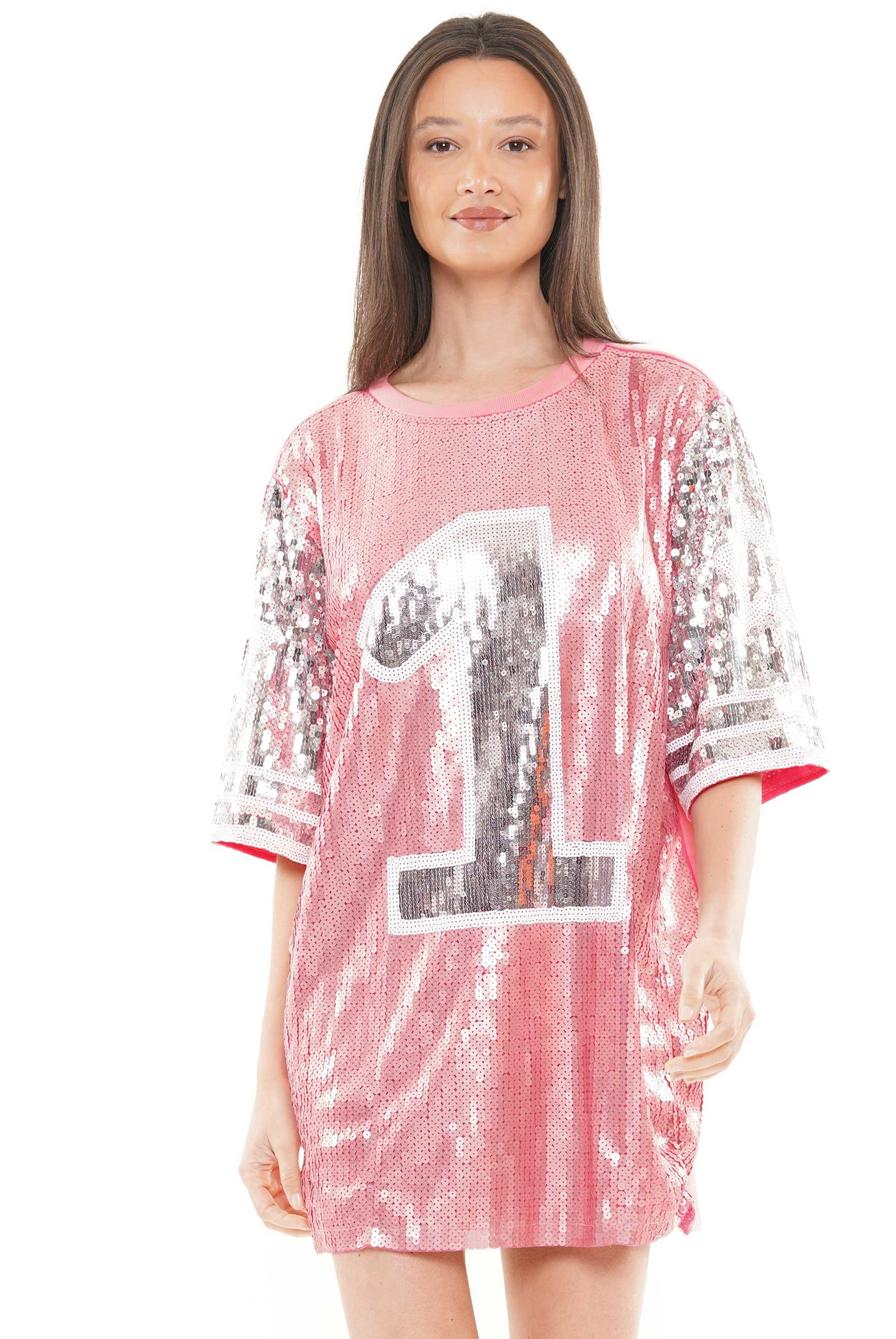 Number One Sequin Pink Jersey T-Shirt Dress - RARA Boutique