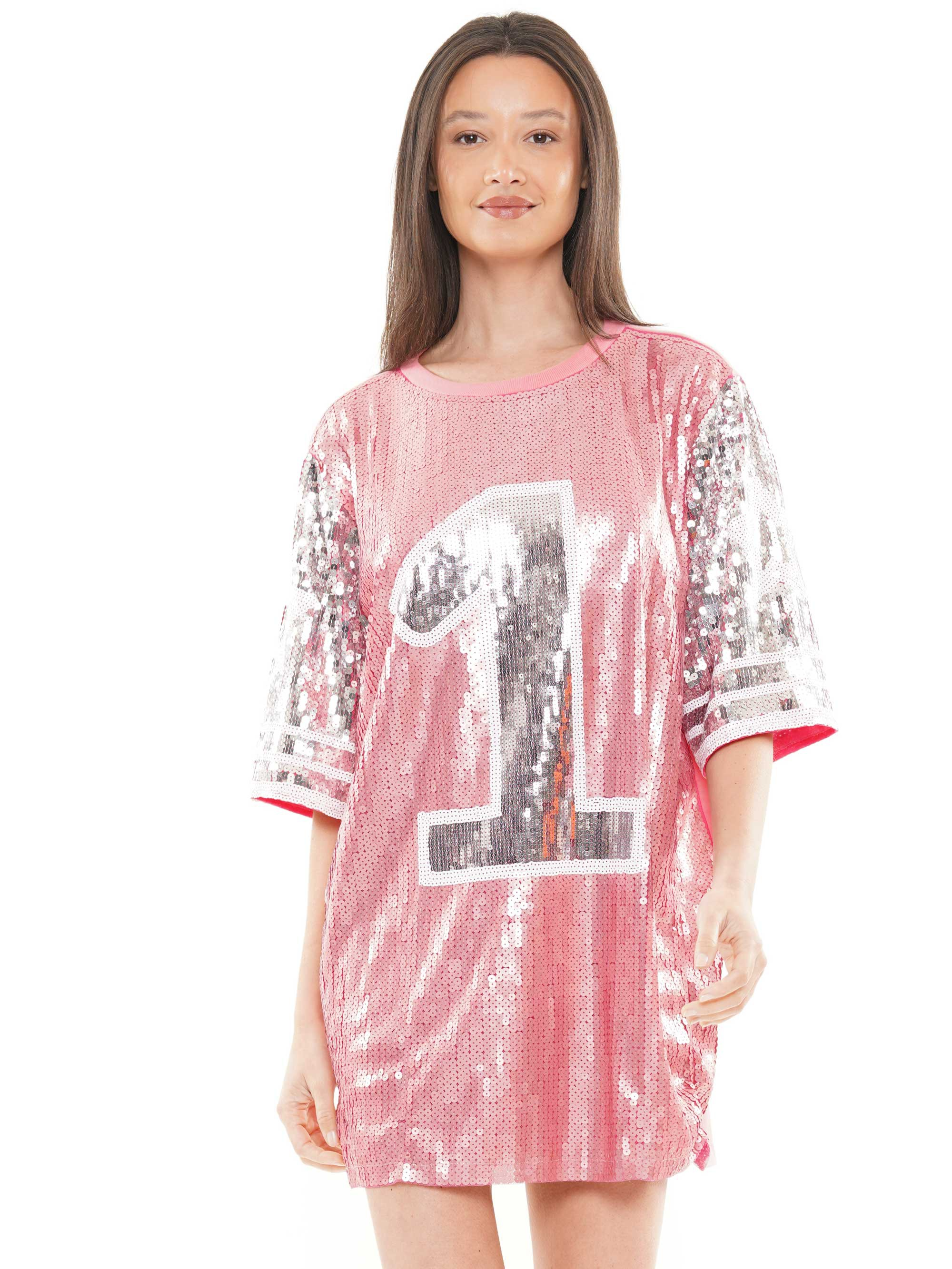 Number One Sequin Pink Jersey T-Shirt Dress - RARA Boutique