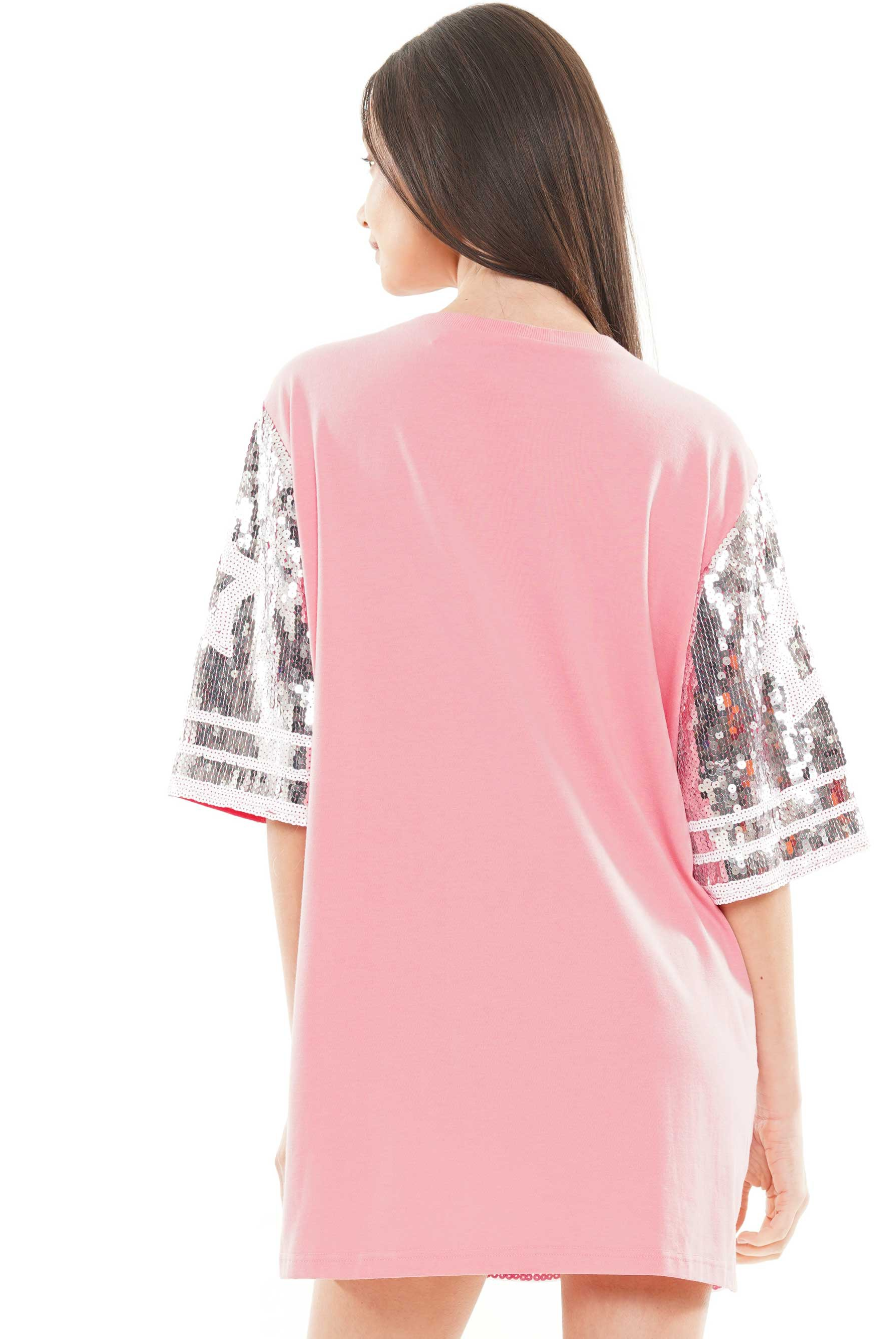 Number One Sequin Pink Jersey T-Shirt Dress - RARA Boutique