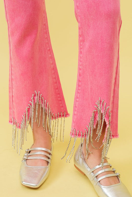 Rhinestone Fringe Jeans with Frayed Waist - RARA Boutique