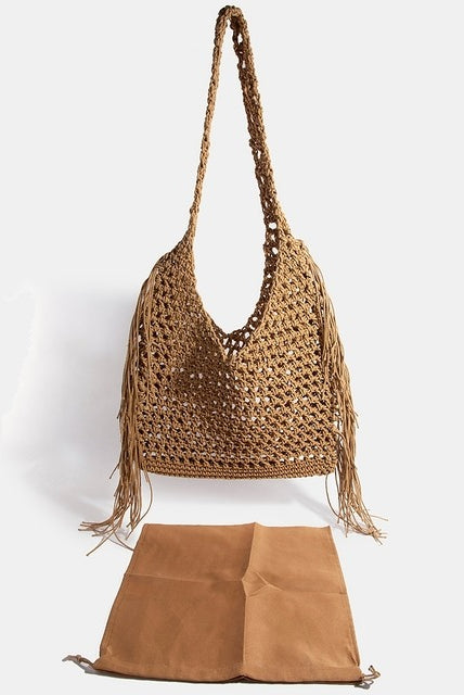 Long Fringe Braided Shopper Tote Bag - RARA Boutique