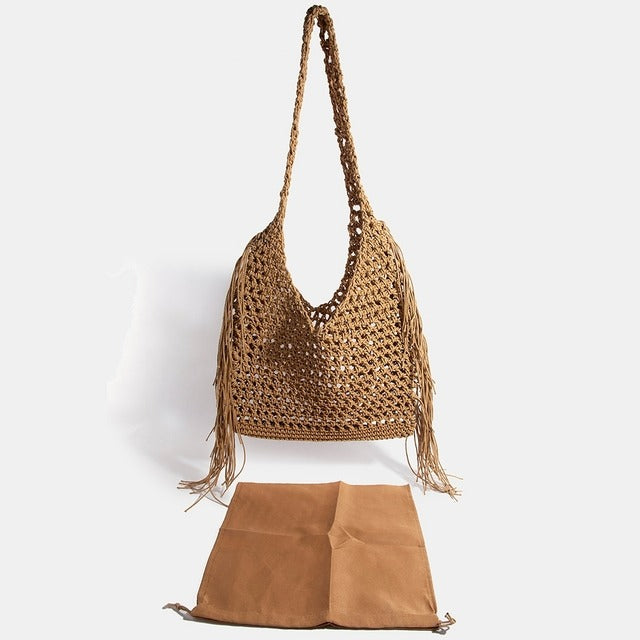 Long Fringe Braided Shopper Tote Bag - RARA Boutique