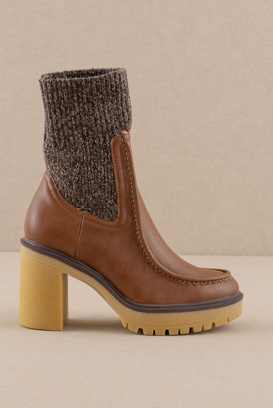 RARA Boutique heeled platform sweater sock boots with chunky heel and cozy knit upper, stylish footwear for fall and winter.