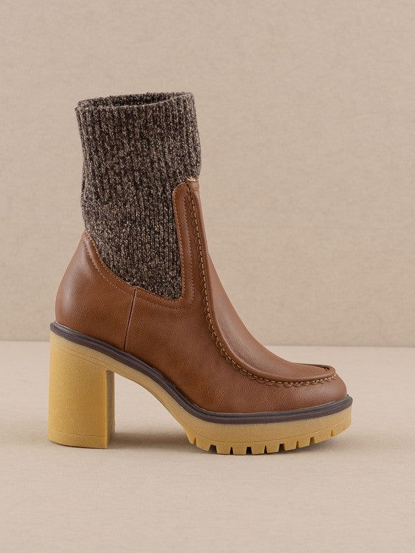 RARA Boutique heeled platform sweater sock boots with chunky heel and cozy knit upper, stylish footwear for fall and winter.