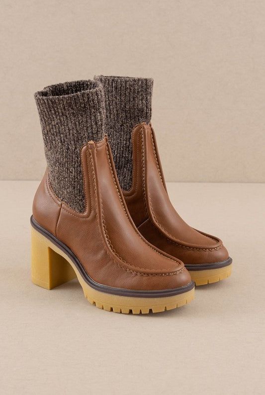 RARA Boutique heeled platform sweater sock boots with chunky heels and cozy knit upper, stylish footwear for cold weather fashion.
