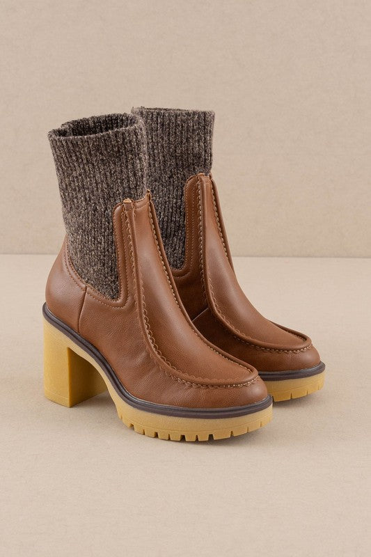 RARA Boutique heeled platform sweater sock boots with chunky heels and cozy knit upper, stylish footwear for cold weather fashion.