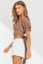 Bubble Crepe Tied Hem Puff Sleeve Crop Top - RARA Boutique