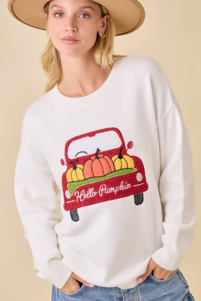 Textured Pumpkin Patch Truck Embroidered Patchwork Sweater - Main Strip - RARA Boutique