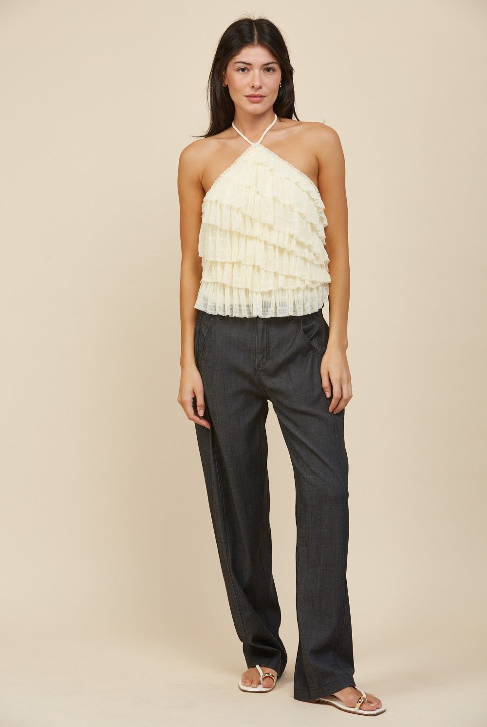 RARA Boutique tiered ruffle halter neck tank top with layered fabric, stylish and lightweight for casual wear.