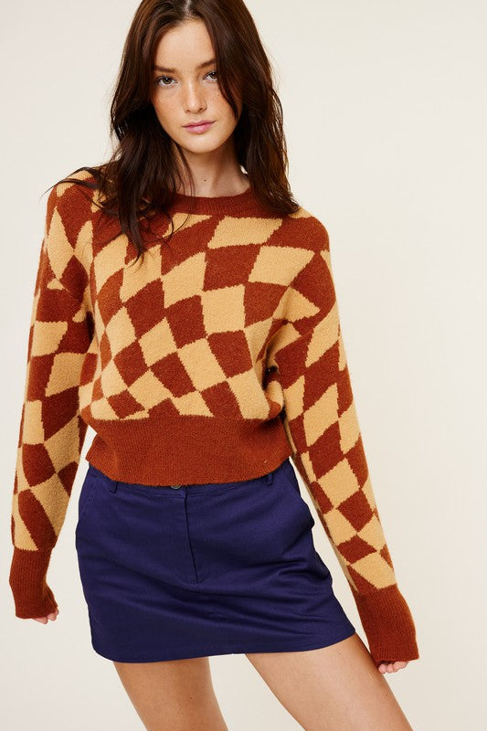 Wavy Checkered Pattern Sweater - RARA Boutique