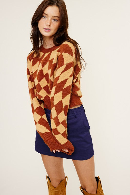 Wavy Checkered Pattern Sweater - RARA Boutique
