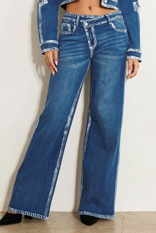 Criss Cross Waist Hand Painted Contrast Hem Wide Leg Jeans - Vibrant M.i.U - RARA Boutique