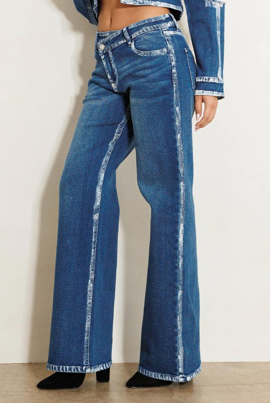Criss Cross Waist Hand Painted Contrast Hem Wide Leg Jeans - Vibrant M.i.U - RARA Boutique