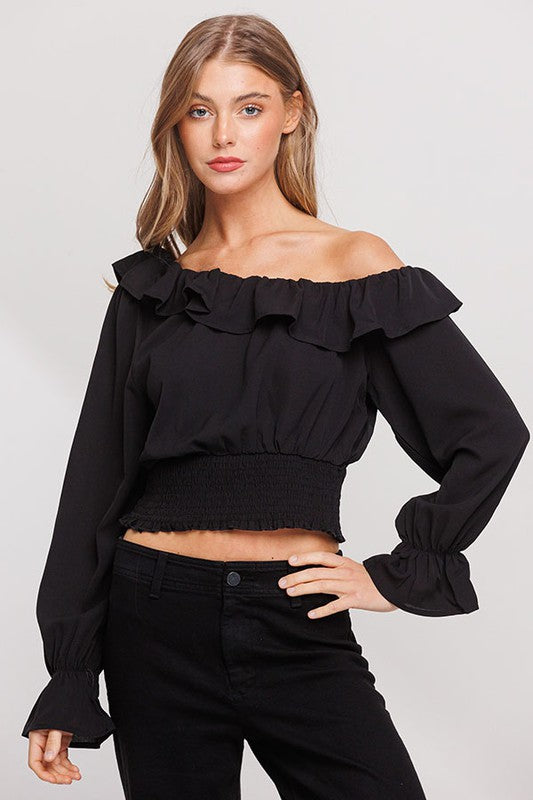 Bubble Crepe Ruffle Top - Rara Boutique