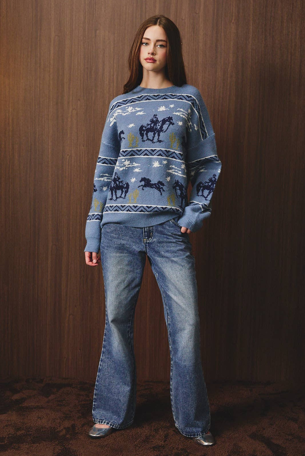 LE LIS long sleeve crew neck cowboy graphic sweater, featuring Western-inspired print on soft knit fabric.