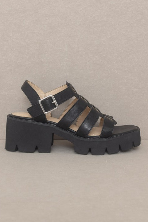 RARA Boutique Lug Sole Heeled Gladiator Sandals with multiple straps and open toe design, showcasing trendy summer footwear.