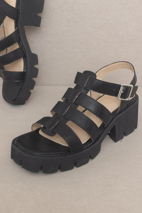 RARA Boutique Lug Sole Heeled Gladiator Sandals with multiple straps and buckle closures, stylish summer footwear.