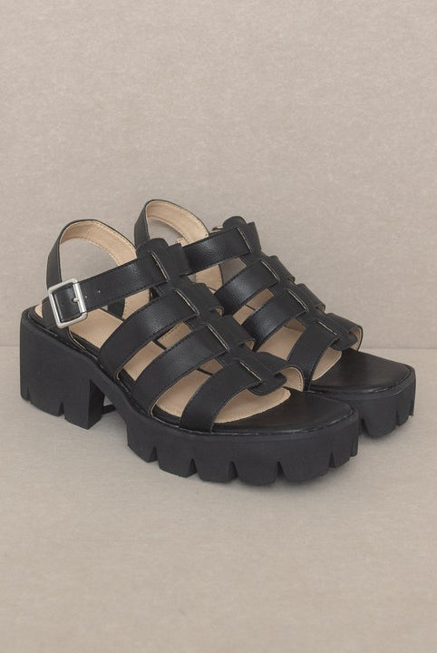 RARA Boutique Lug Sole Heeled Gladiator Sandals with straps and open toe design, stylish footwear for summer and casual wear.