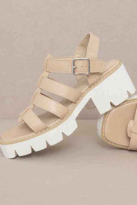 RARA Boutique Lug Sole Heeled Gladiator Sandals with ankle straps and platform heel, stylish women's summer footwear.