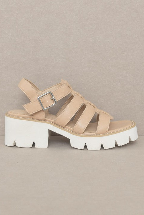 RARA Boutique Lug Sole Heeled Gladiator Sandals featuring multiple straps and chunky heels, perfect for stylish summer footwear.