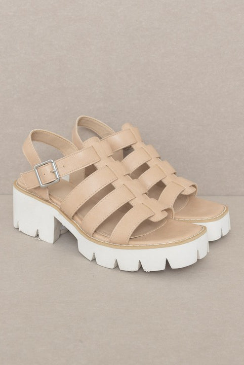 RARA Boutique Lug Sole Heeled Gladiator Sandals with multiple straps and chunky sole, stylish open-toe design.